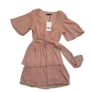 ZARA Blush Pleated Wrap Mini Dress XS Pink Tiered Flutter Sleeve Belted NWT